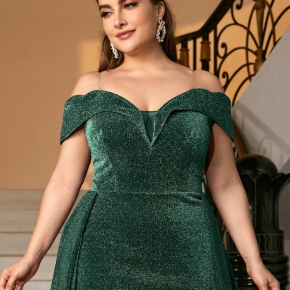 Glitter Foldover Bardot Formal Dress With Transparent Strap
